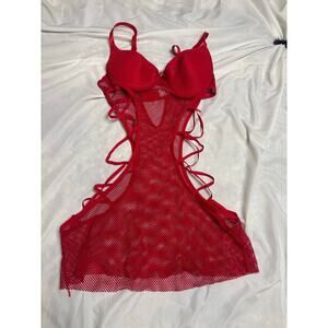 Red Lace-Up Sheer Mesh Lingerie Dress SZ SM
